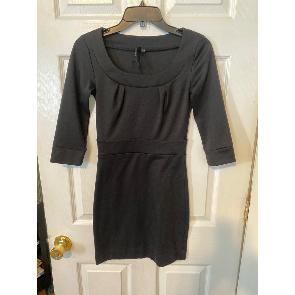 Backless Women Black Scoop Neck Pleated Bust 3/4 Sleeve Mini Dress XS